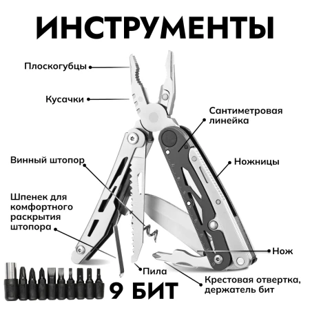 Мультитул Ganzo G304 (17 в 1) серебристый со съемными полноразмерными ножницами Мультитул Ganzo G304 (17 в 1) серебристый со съемными полноразмерными ножницами
